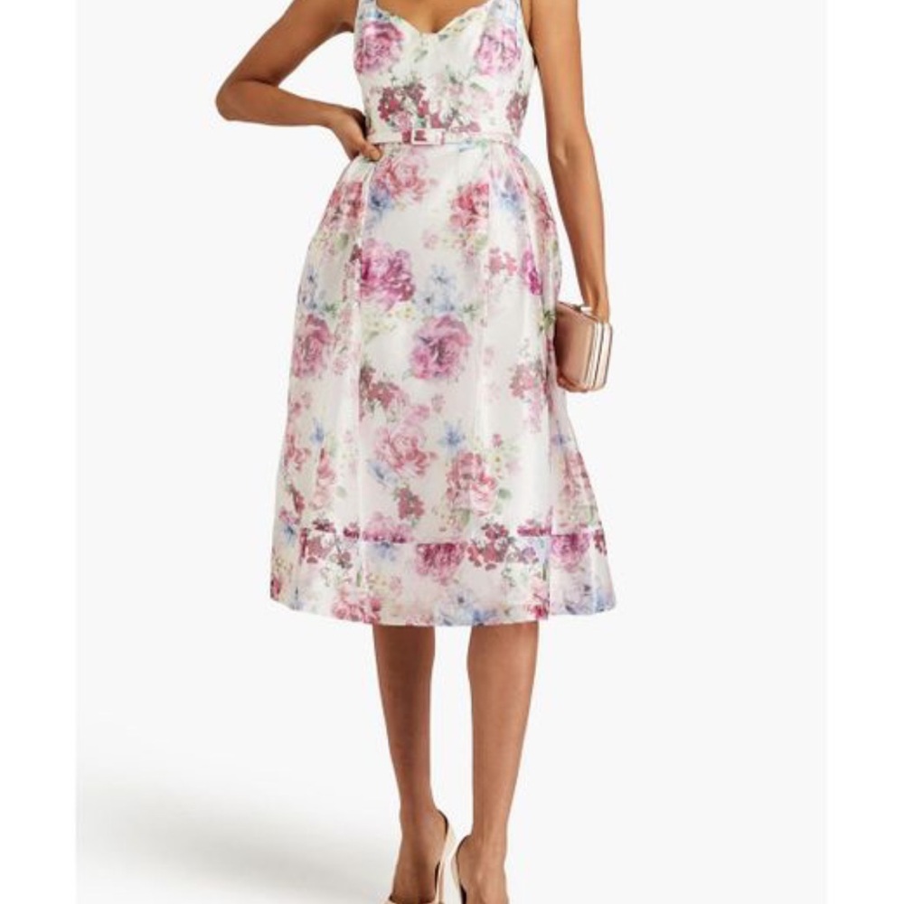 Monique Lhuillier Pink and Purple Floral Midi Dress